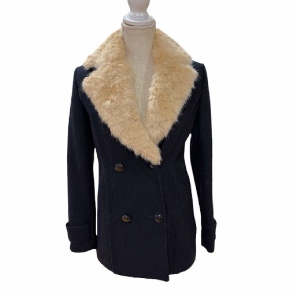 Zara Trafaluc Black Double Breasted Wool Pea Coat Faux Fur Collar Navy Blue Sz S - Picture 2 of 10